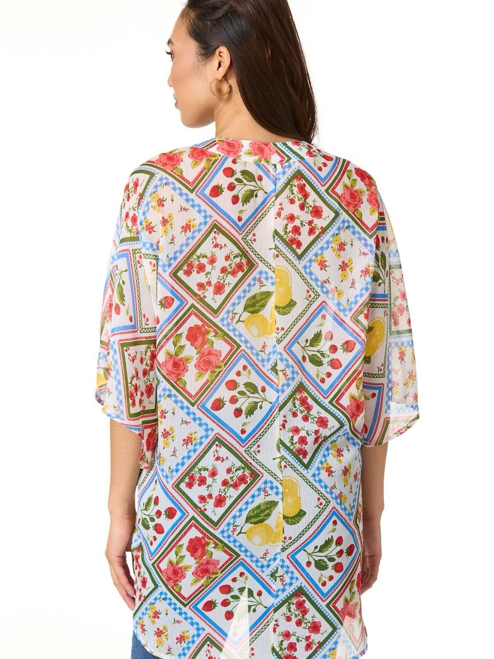 Cato Floral & Lemon Print Sheer Kimono - White Multi